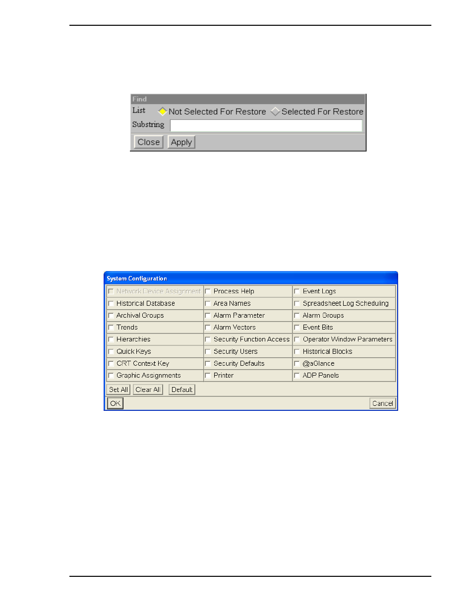 1 string file considerations, Figure 9-22. find window, Figure 9-23. system configuration data window | Micromod Micro-PWC: 53PW6000 MicroPWC Configuration Guide User Manual | Page 313 / 368