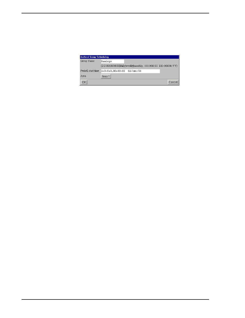 2 edit an archival group, 1 group name, 2 period and start time | 3 area, Figure 2-3. archival group scheduling window, Section 2.3.2, edit an archival group | Micromod Micro-PWC: 53PW6000 MicroPWC Configuration Guide User Manual | Page 32 / 368