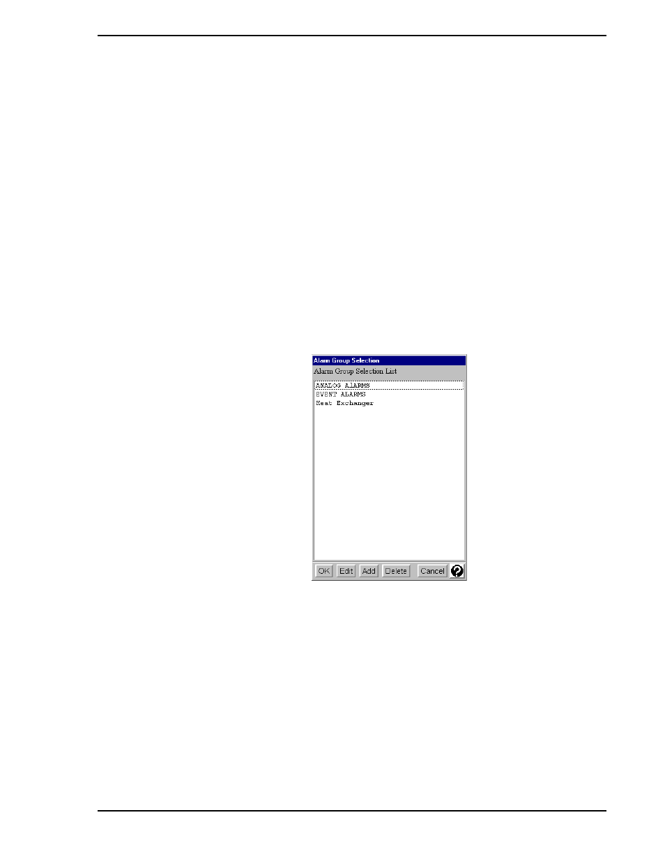 5 alarm group configuration, 1 accessing alarm group configuration, Figure 2-6. alarm group selection window | Micromod Micro-PWC: 53PW6000 MicroPWC Configuration Guide User Manual | Page 35 / 368