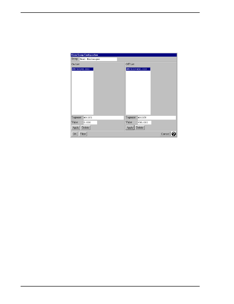 2 add an alarm group, 1 group name, 2 the on list | Figure 2-7. alarm group configuration window | Micromod Micro-PWC: 53PW6000 MicroPWC Configuration Guide User Manual | Page 36 / 368