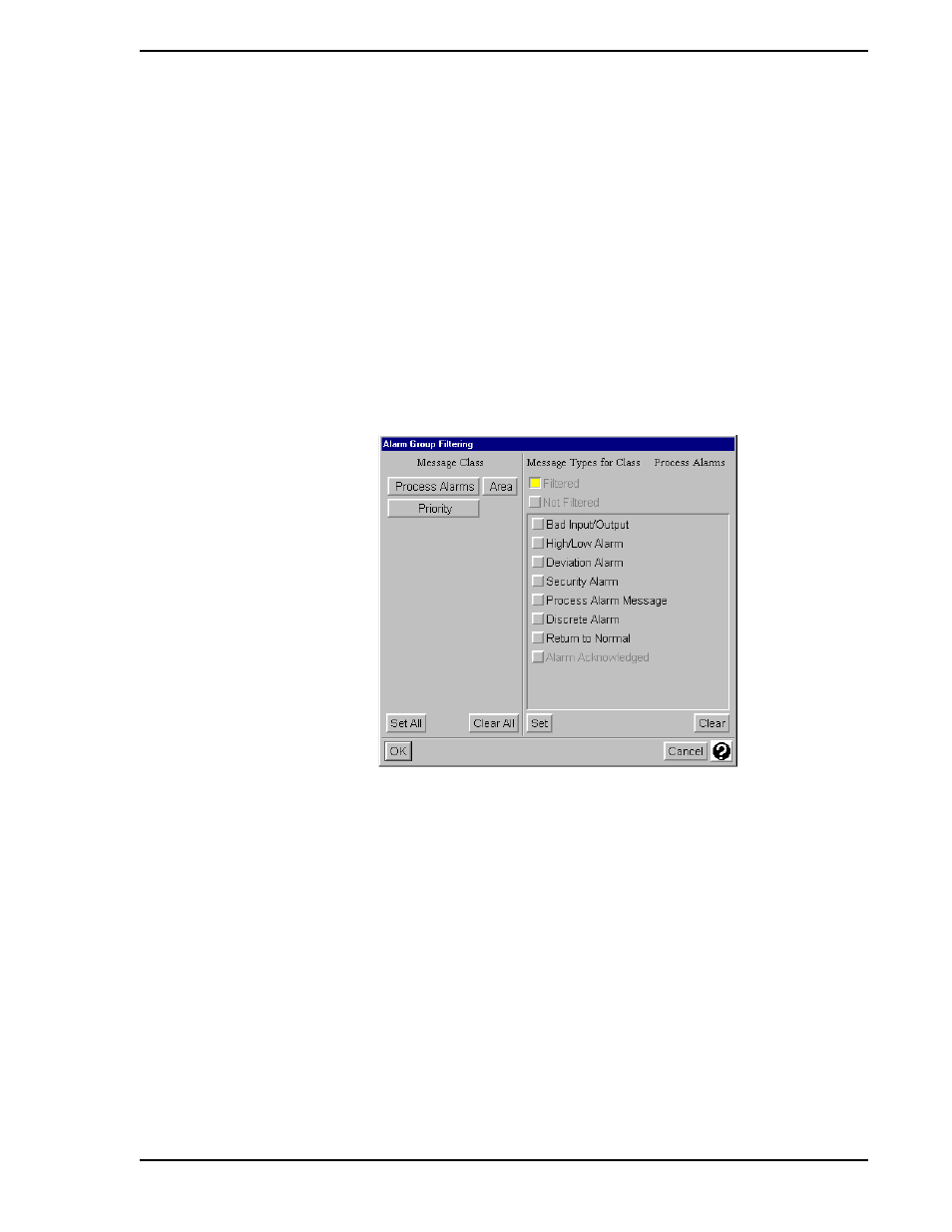 3 the off list, 4 configure filtering of message classes and types, Figure 2-8. alarm group filtering window | Micromod Micro-PWC: 53PW6000 MicroPWC Configuration Guide User Manual | Page 37 / 368