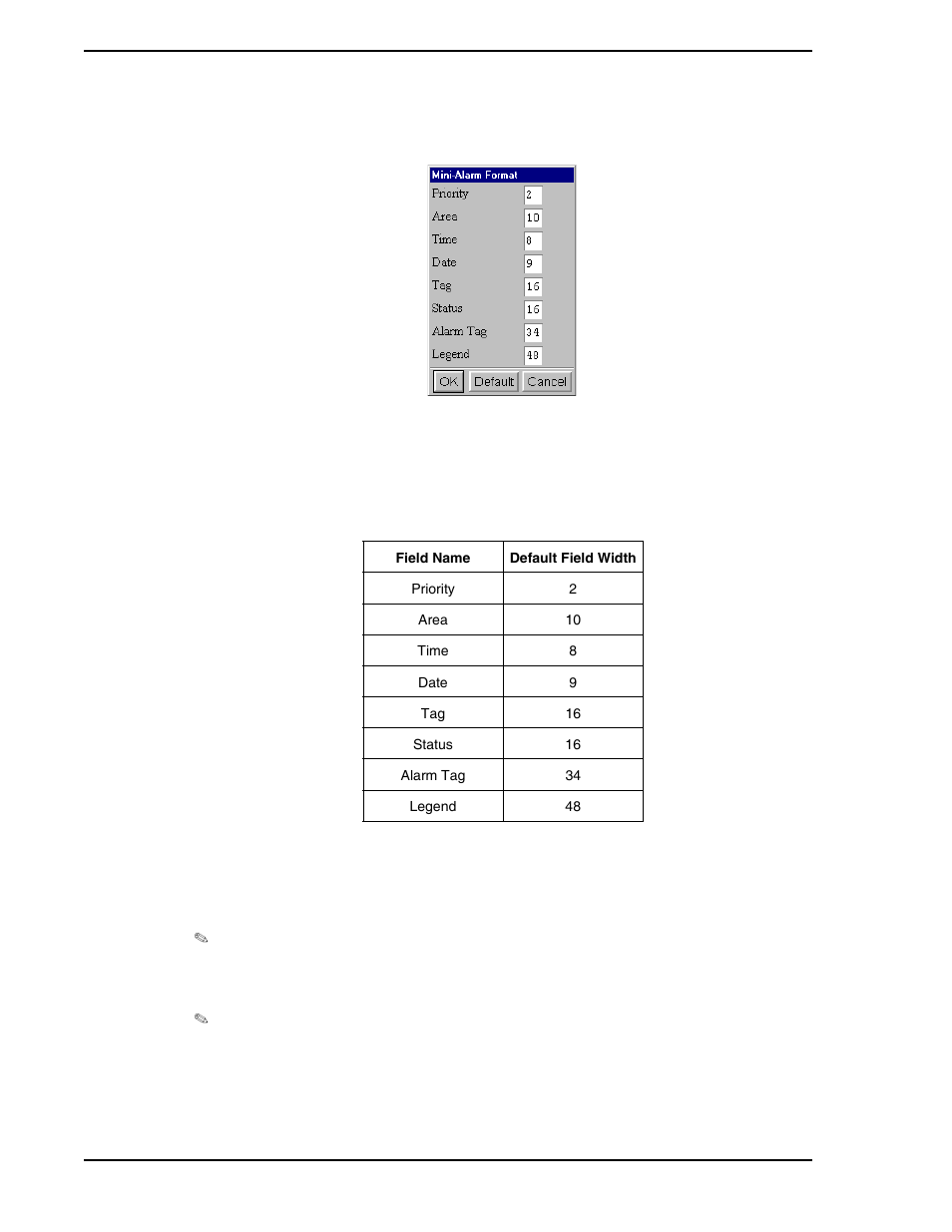 Figure 2-11. mini-alarm format window, Table 2-2. default mini-alarm field widths | Micromod Micro-PWC: 53PW6000 MicroPWC Configuration Guide User Manual | Page 46 / 368