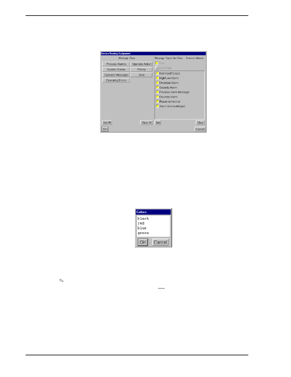2 message color definition, 3 message indentation definition, Figure 2-21. device routing assignment window | Figure 2-22. message color selection window, Shown in, Figure 2-21 | Micromod Micro-PWC: 53PW6000 MicroPWC Configuration Guide User Manual | Page 62 / 368