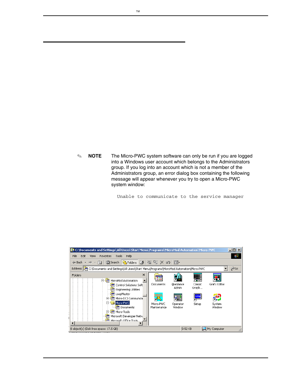 0 start-up and operation, 1 micro-pwc startup, 1 startup options | 2 micro-pwc program group, 0 - start-up and operation, Figure 4-1. micro-pwc program group, Section 4.0, start-up and operation | Micromod Micro-PWC: 53PW6000 MicroPWC Installation and Setup Manual User Manual | Page 51 / 80
