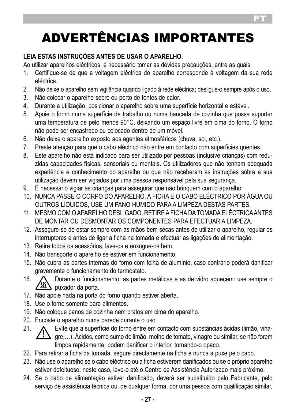 Advertências importantes | ARIETE Bon Cuisine 520 User Manual | Page 29 / 58