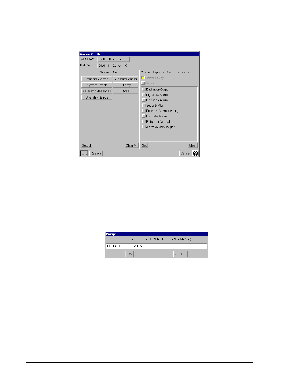 1 filtering messages by time, Figure 9-5. event historian filter window, Figure 9-6. time selection window | Micromod Micro-PWC: 53PW6000 MicroPWC Operators Manual User Manual | Page 108 / 174