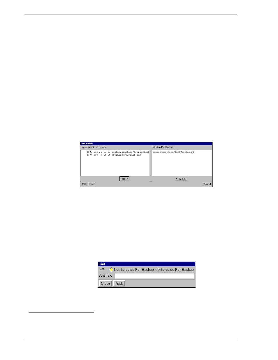 1 backing up information distributed to, Console group members, Figure 11-2. backup file selection window | Figure 11-3. find window | Micromod Micro-PWC: 53PW6000 MicroPWC Operators Manual User Manual | Page 122 / 174