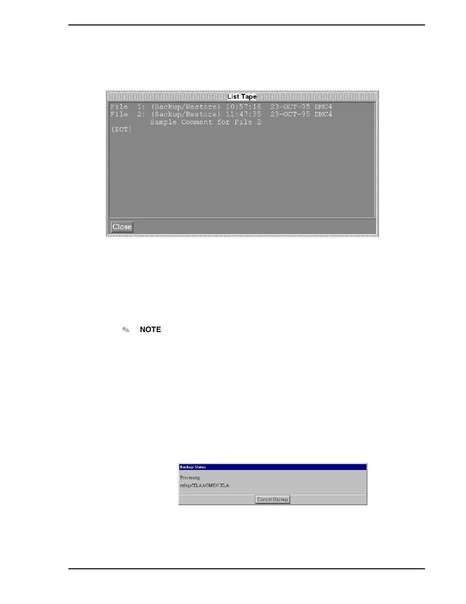 4 compress the backed up data, 5 add a comment about the backup, 6 backup status | Figure 11-6. list tape window, Figure 11-7. backup status window | Micromod Micro-PWC: 53PW6000 MicroPWC Operators Manual User Manual | Page 125 / 174