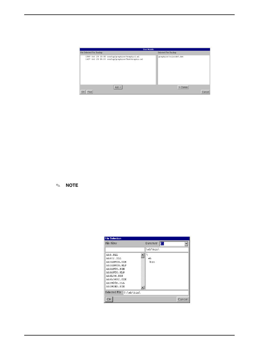 1 list tape button, 2 list disk button, Figure 11-11. restore file selection window | Figure 11-12. disk file selection window, Figure 11-11 | Micromod Micro-PWC: 53PW6000 MicroPWC Operators Manual User Manual | Page 128 / 174
