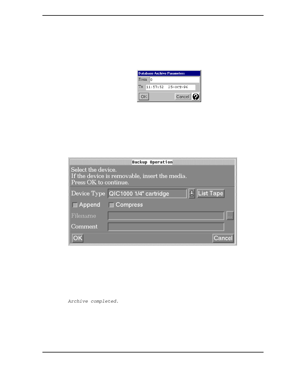 Figure 11-17. database archive parameters window, Figure 11-18. backup operation window | Micromod Micro-PWC: 53PW6000 MicroPWC Operators Manual User Manual | Page 137 / 174