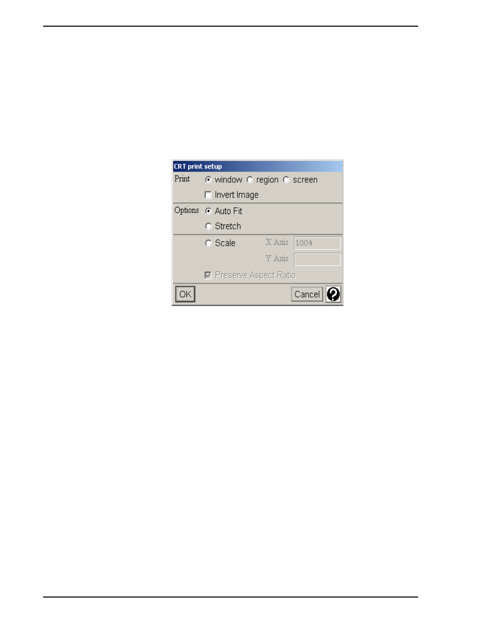 5 alarm groups, 6 crt print, 1 selecting the image type | 2 invert image, 3 stretch, auto fit and scale options, Figure 11-26. crt print setup window | Micromod Micro-PWC: 53PW6000 MicroPWC Operators Manual User Manual | Page 142 / 174
