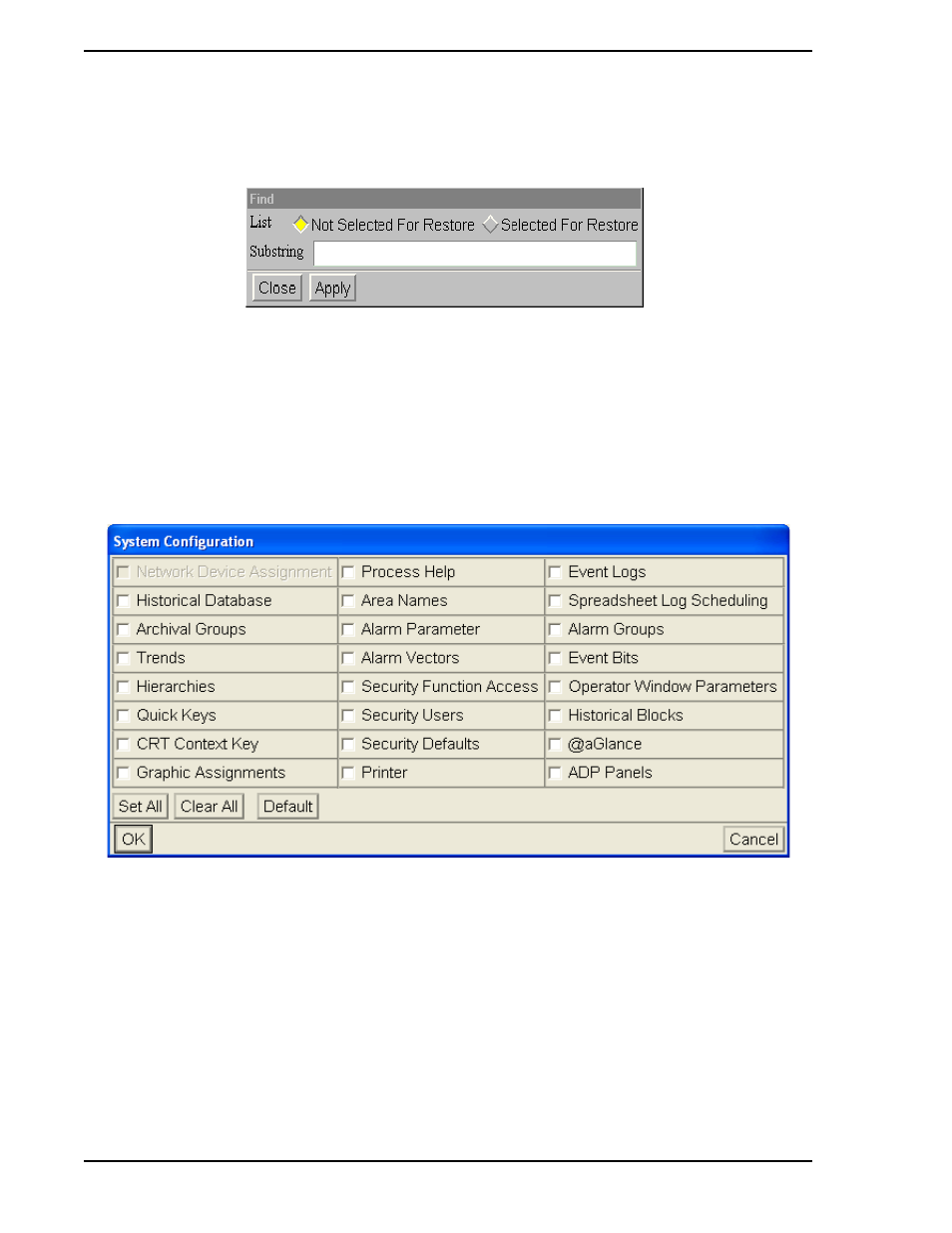 Figure 11-43. find window, Figure 11-44. system configuration data window | Micromod Micro-PWC: 53PW6000 MicroPWC Operators Manual User Manual | Page 160 / 174
