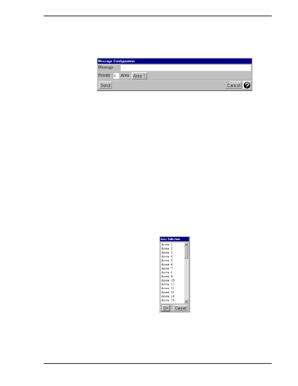 1 message text, 2 message priority, 3 message destination area | Figure 3-3. message configuration window, Figure 3-4. area selection window | Micromod Micro-PWC: 53PW6000 MicroPWC Operators Manual User Manual | Page 41 / 174