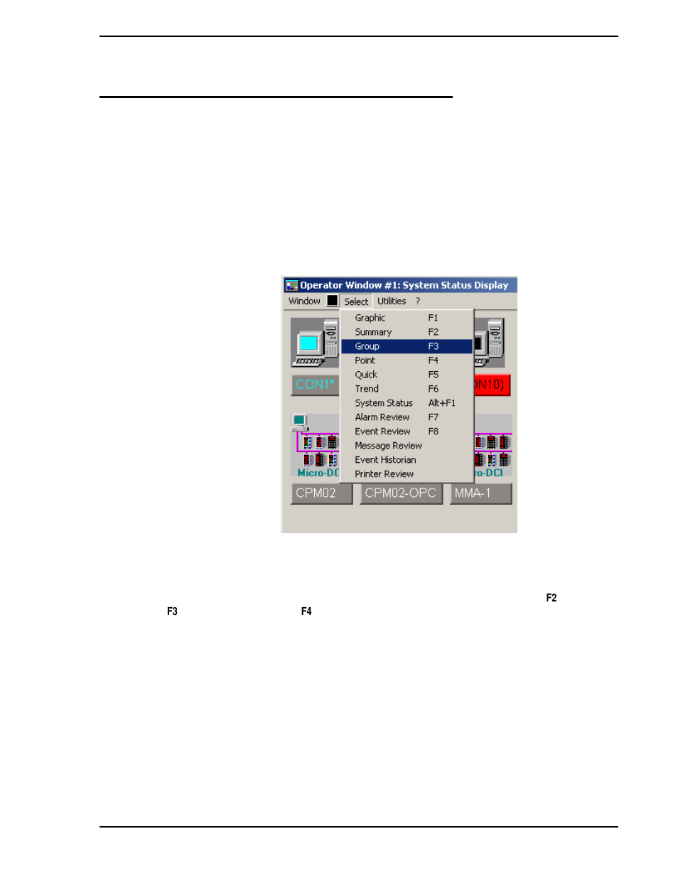 0 hierarchical process displays, 1 overview, 0 - hierarchical process displays | Figure 4-1. operator window select menu, Section 4 | Micromod Micro-PWC: 53PW6000 MicroPWC Operators Manual User Manual | Page 53 / 174