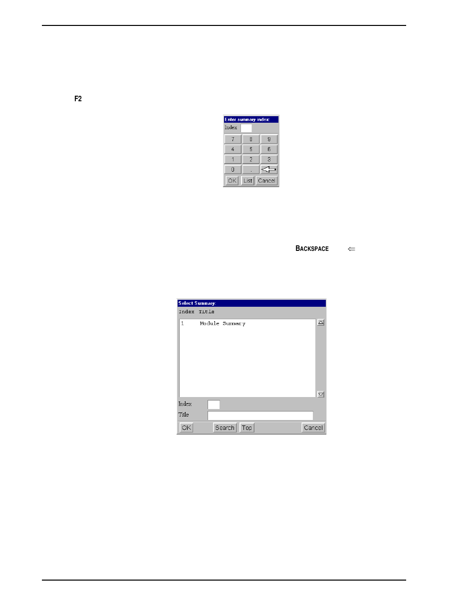 2 the summary display, 1 accessing the summary display, Figure 4-2. summary index entry window | Figure 4-3. select summary window | Micromod Micro-PWC: 53PW6000 MicroPWC Operators Manual User Manual | Page 54 / 174