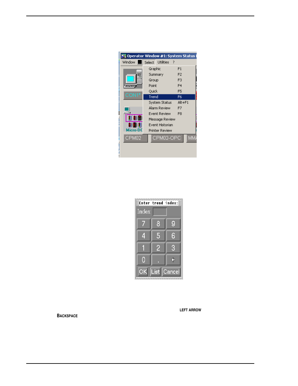 Figure 6-1. selecting the trend option, Figure 6-2. trend index entry window, Figure 6-1 | Micromod Micro-PWC: 53PW6000 MicroPWC Operators Manual User Manual | Page 70 / 174