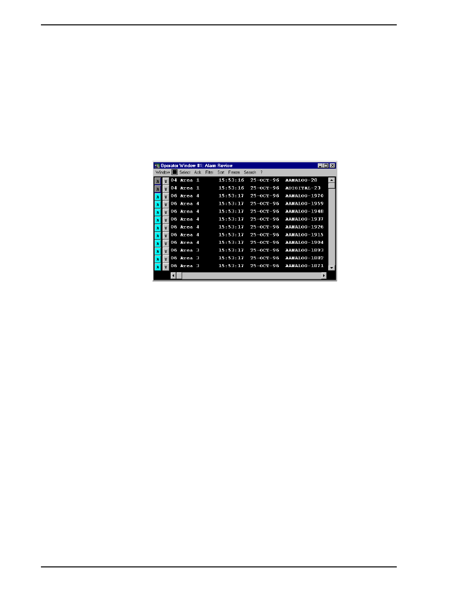 4 process alarm review, 1 accessing the alarm review display, 2 alarm review display acknowledgment | Figure 8-1. alarm review window | Micromod Micro-PWC: 53PW6000 MicroPWC Operators Manual User Manual | Page 94 / 174