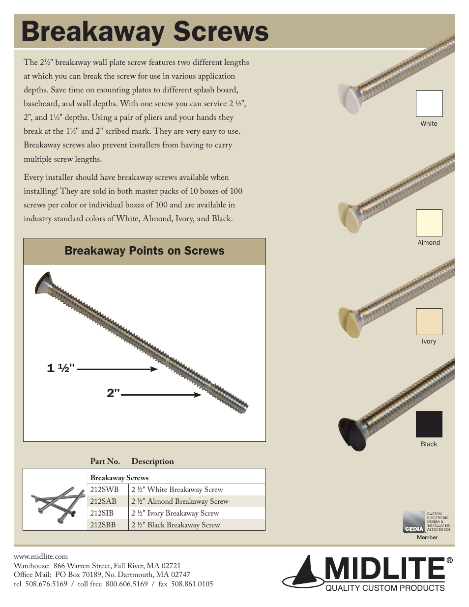 Midlite BREAKAWAY SCREWS User Manual | 1 page