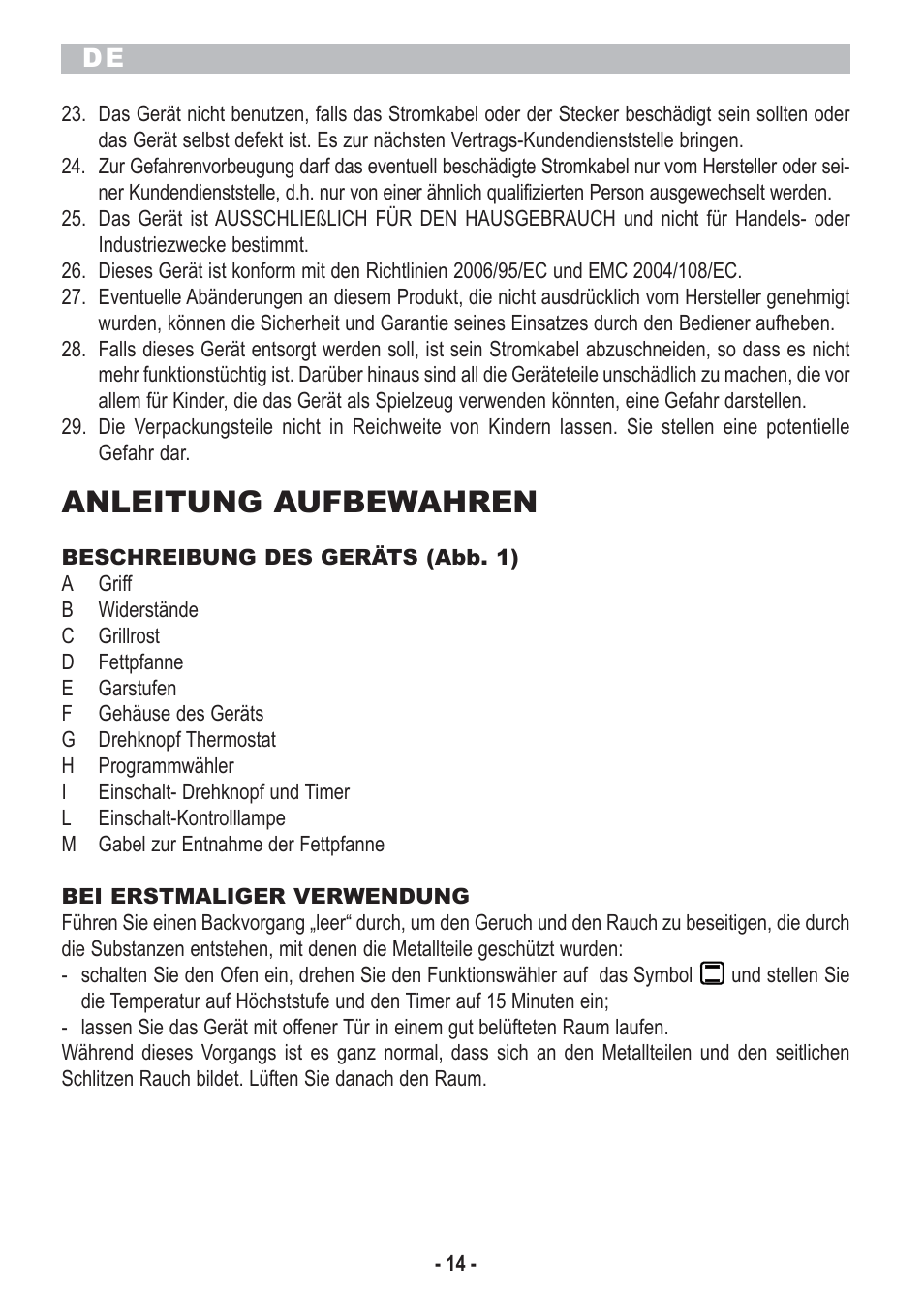 Anleitung aufbewahren | ARIETE Bon Cusine 180 User Manual | Page 16 / 46