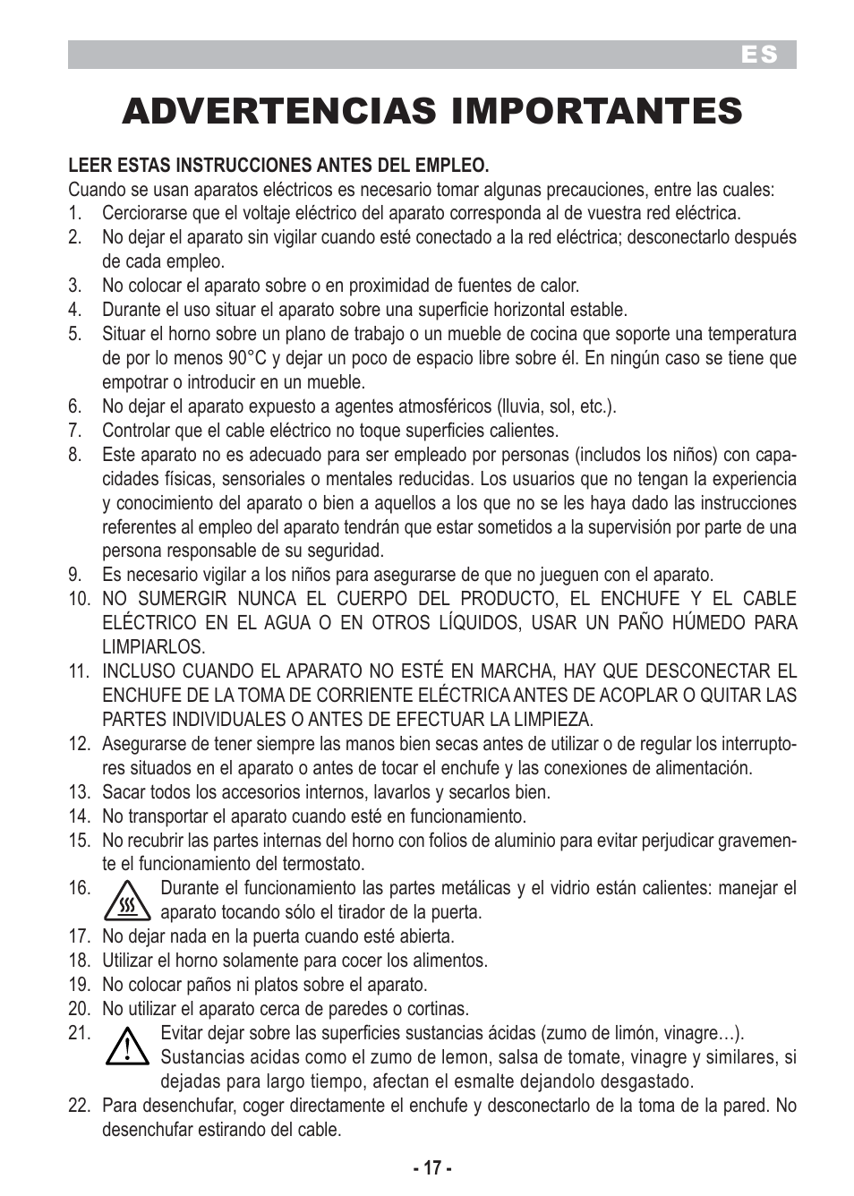 Advertencias importantes | ARIETE Bon Cusine 180 User Manual | Page 19 / 46