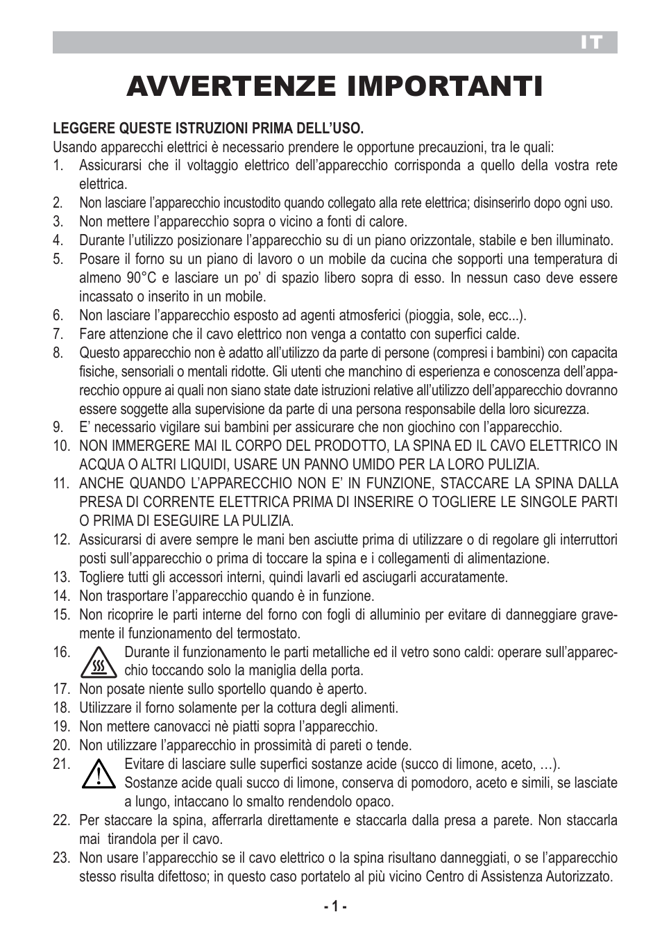 Avvertenze importanti | ARIETE Bon Cusine 180 User Manual | Page 3 / 46