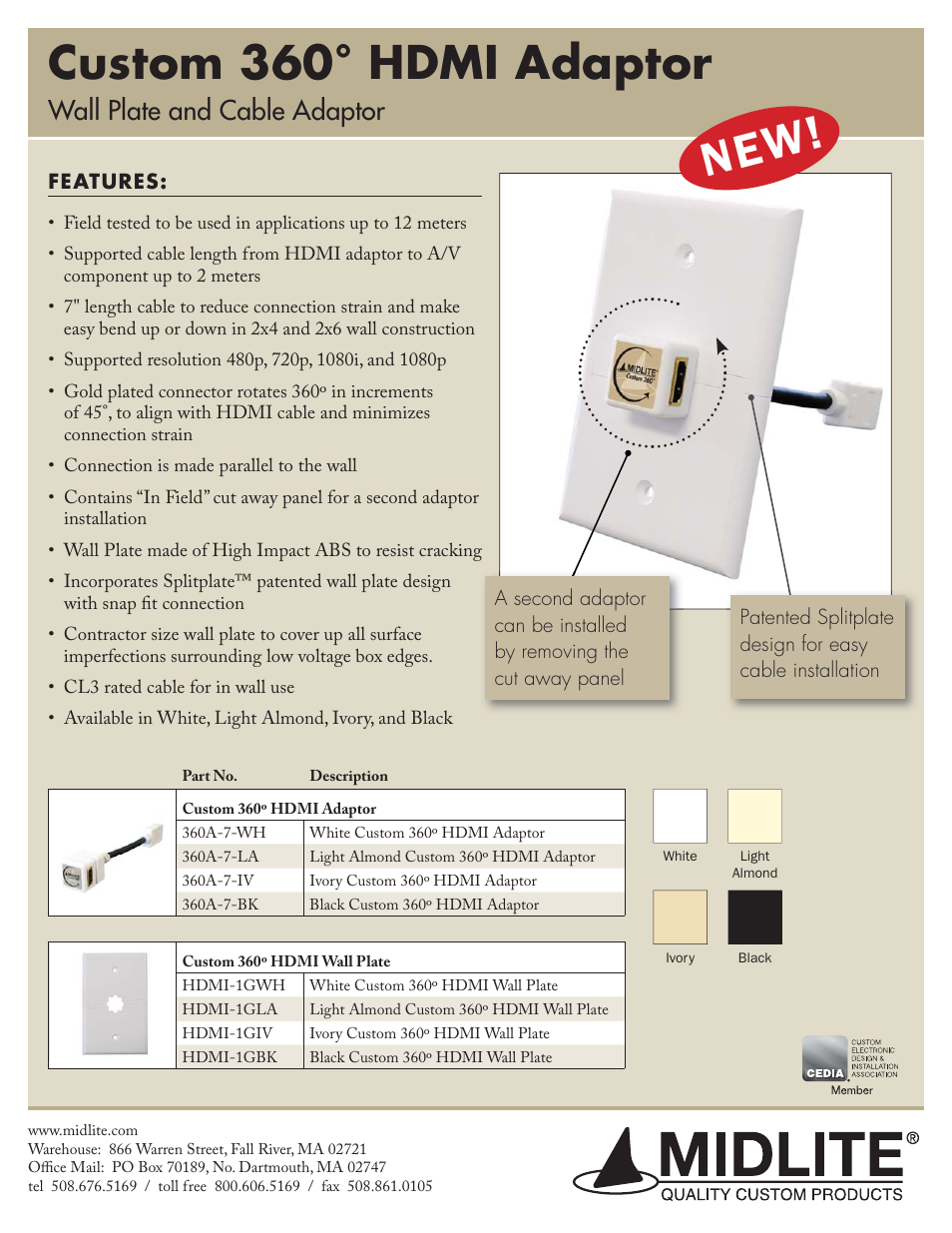 Midlite CUSTOM 360° HDMI WALL PLATE User Manual | 1 page