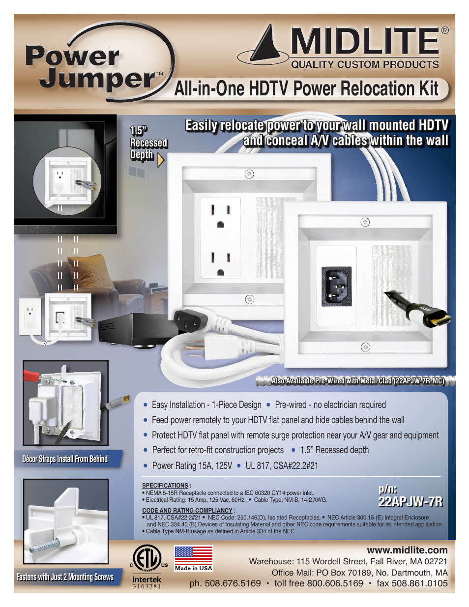 Midlite POWER JUMPER HDTV POWER RELOCATION KIT User Manual | 1 page