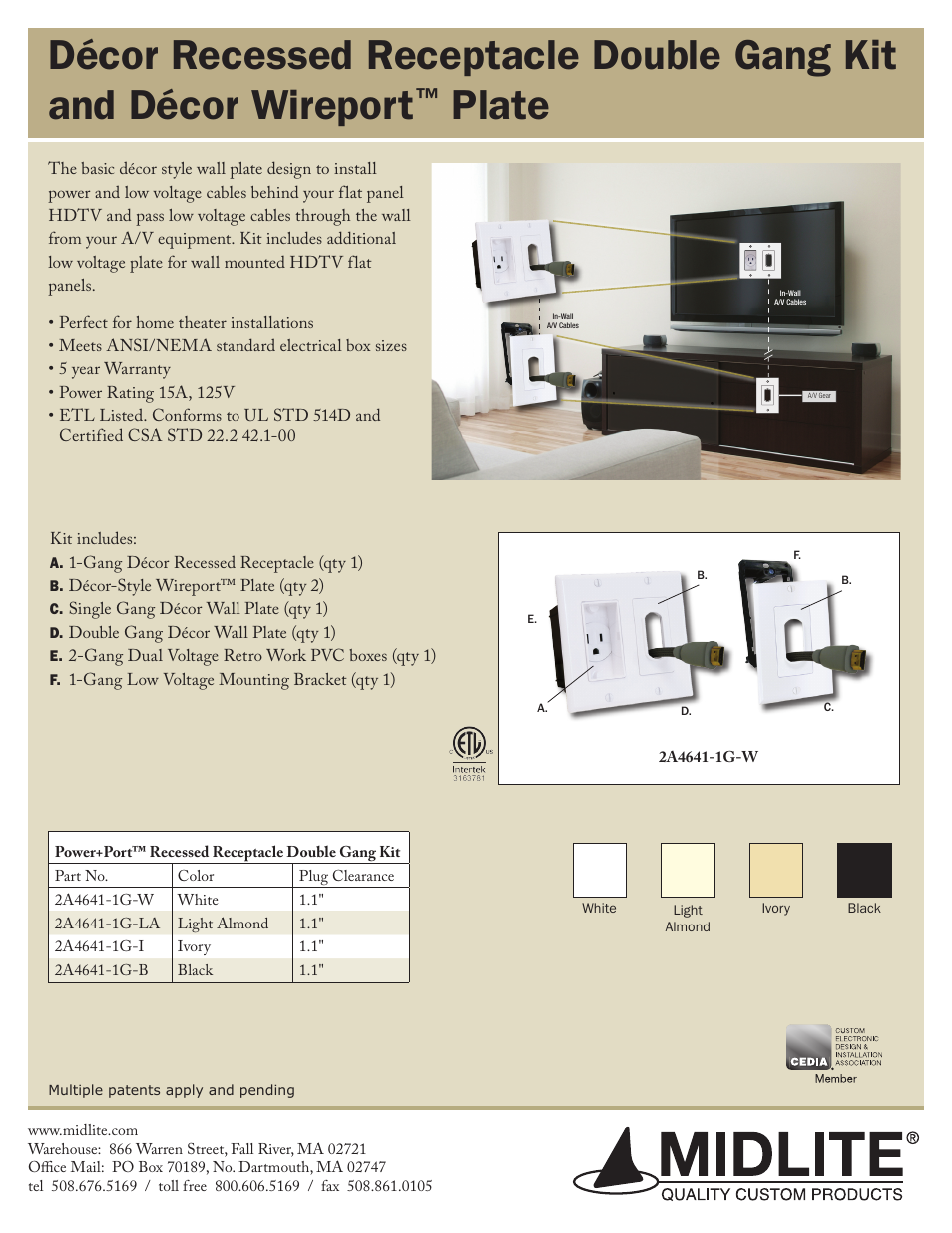 Midlite DÉCOR RECESSED RECEPTACLE DOUBLE GANG KIT AND DÉCOR WIREPORT PLATE User Manual | 1 page