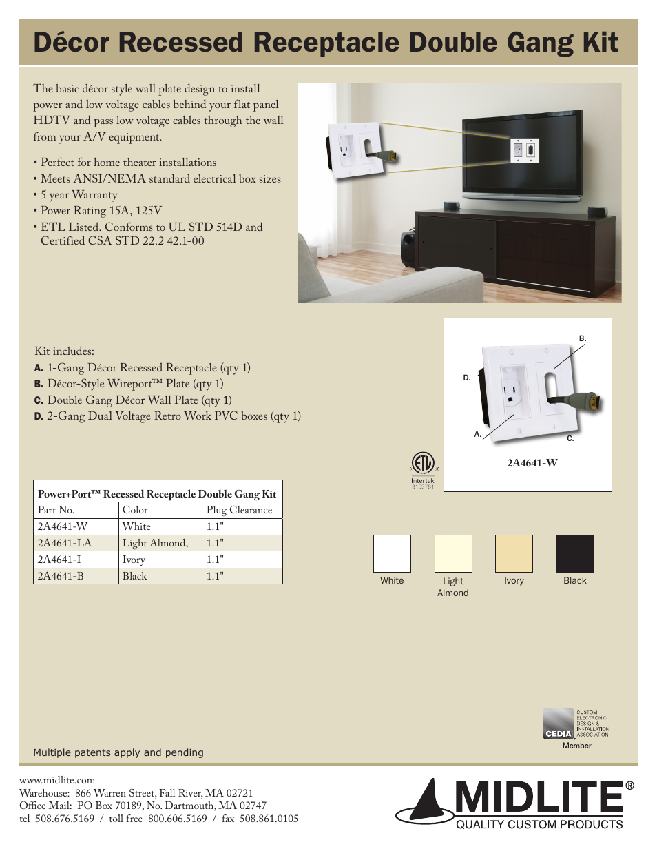 Midlite DÉCOR RECESSED RECEPTACLE DOUBLE GANG KIT User Manual | 1 page