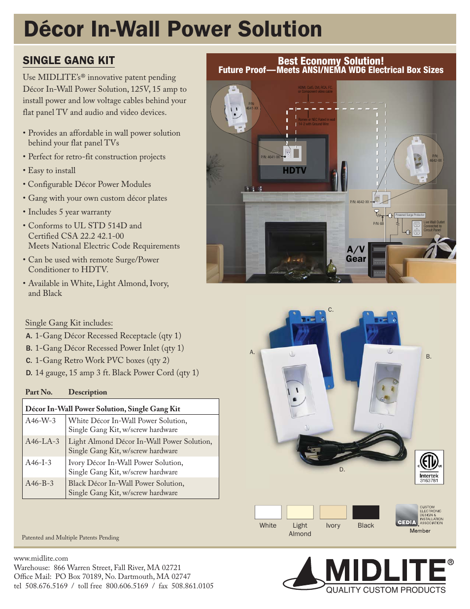 Midlite SINGLE GANG DÉCOR IN-WALL POWER SOLUTION KIT WITH 3 FT CORD User Manual | 1 page