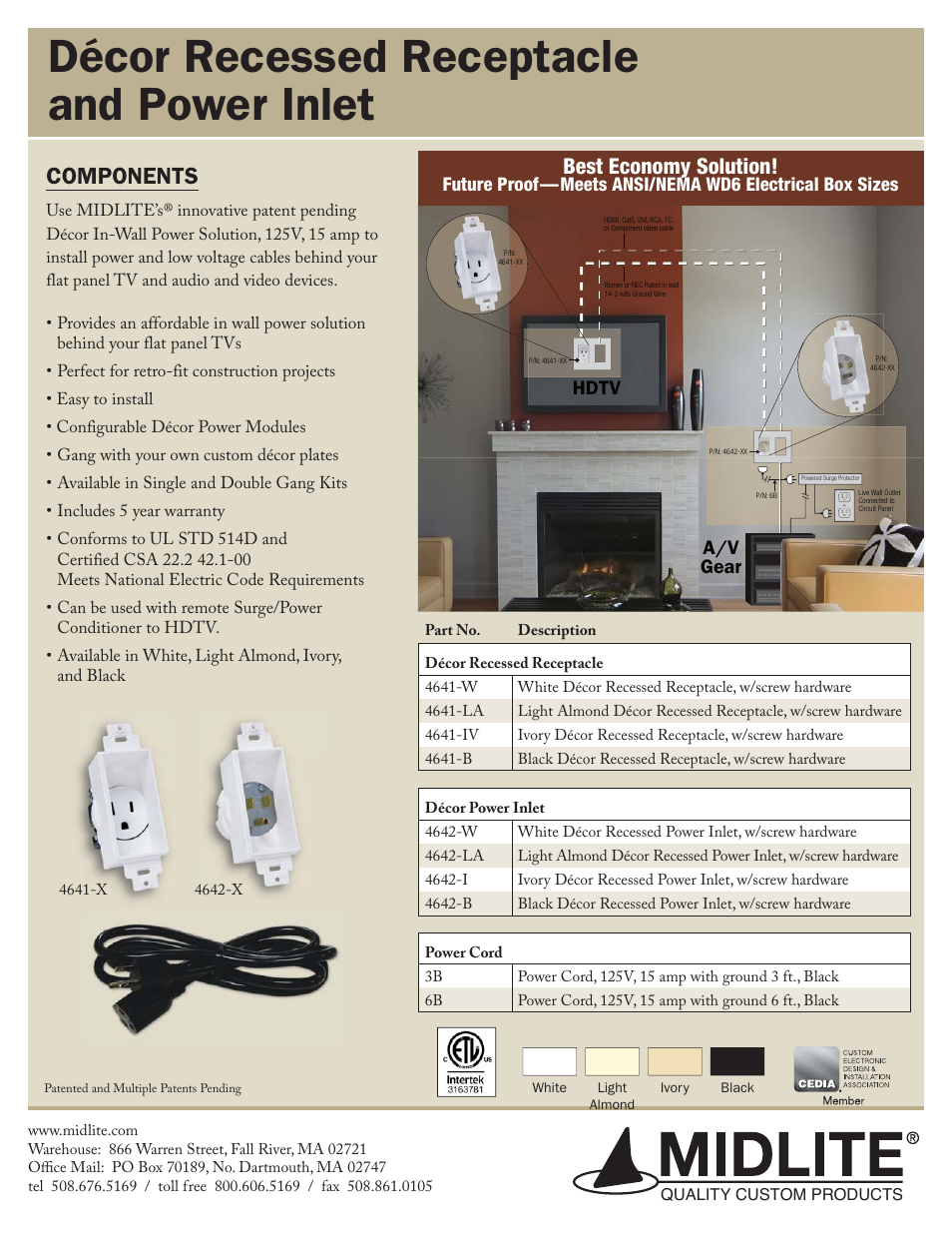 Midlite DÉCOR RECESSED POWER INLET User Manual | 1 page