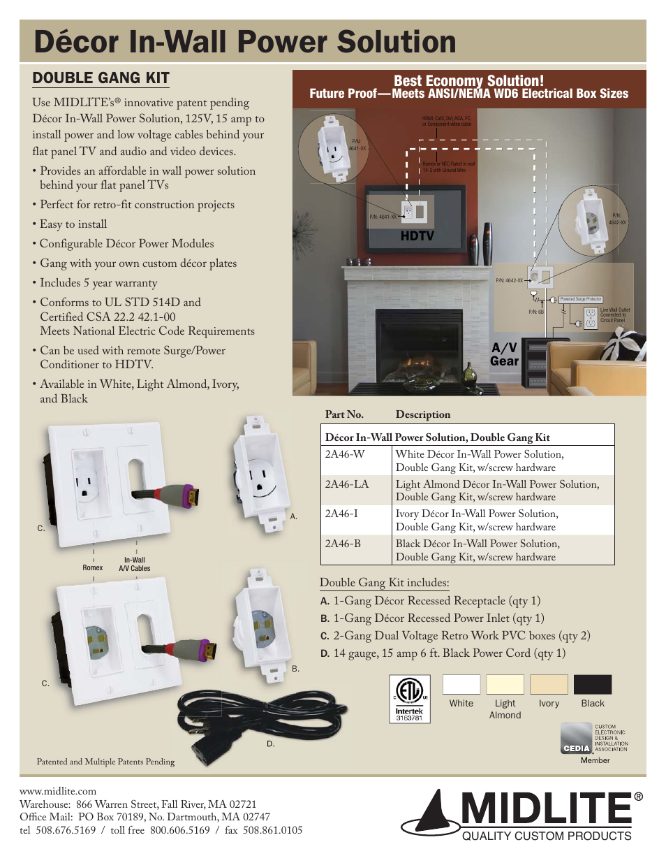 Midlite DOUBLE GANG DÉCOR IN-WALL POWER SOLUTION KIT WITH 6 FT CORD User Manual | 1 page