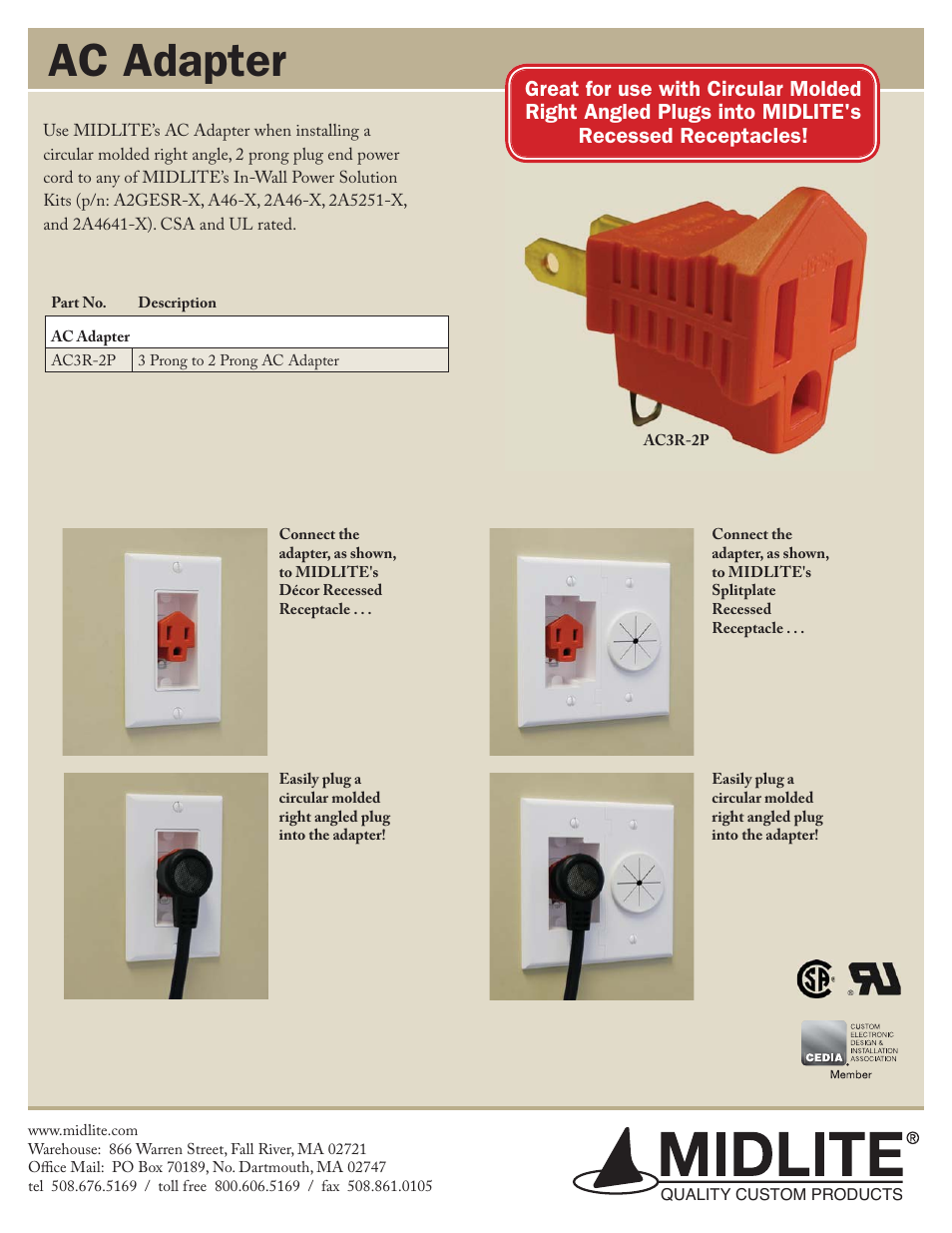 Midlite AC ADAPTER User Manual | 1 page