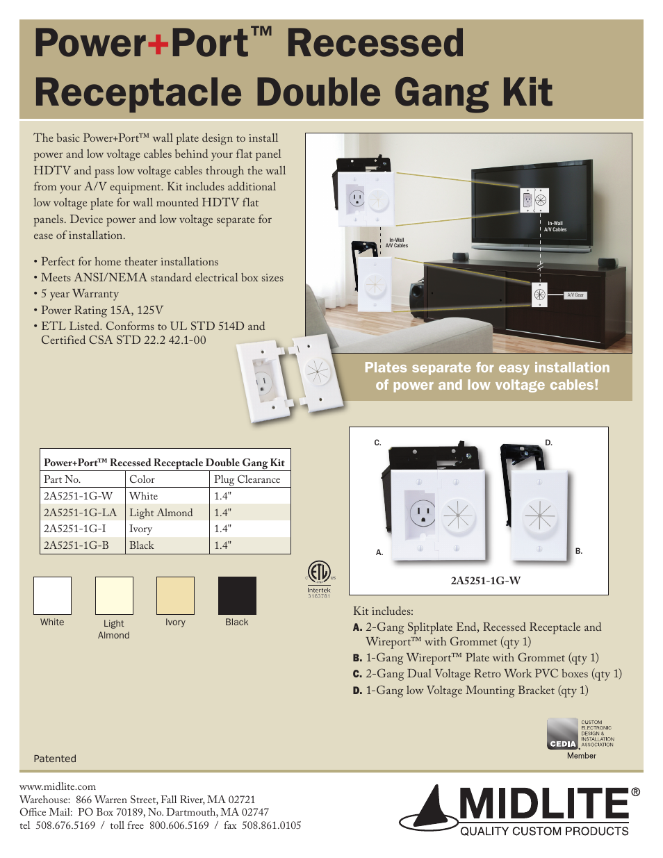 Midlite POWER+PORT RECESSED RECEPTACLE KIT AND WIREPORT PLATE WITH GROMMET User Manual | 1 page