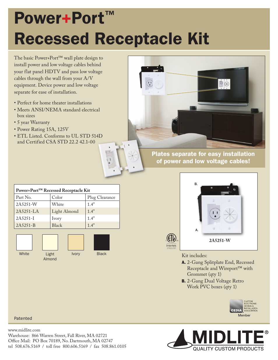 Midlite POWER+PORT RECESSED RECEPTACLE KIT User Manual | 1 page