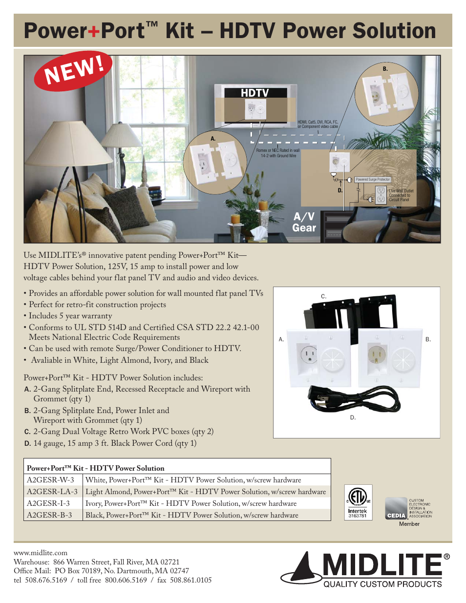 Midlite POWER+PORT KIT—HDTV POWER SOLUTION WITH 3 FT CORD User Manual | 1 page