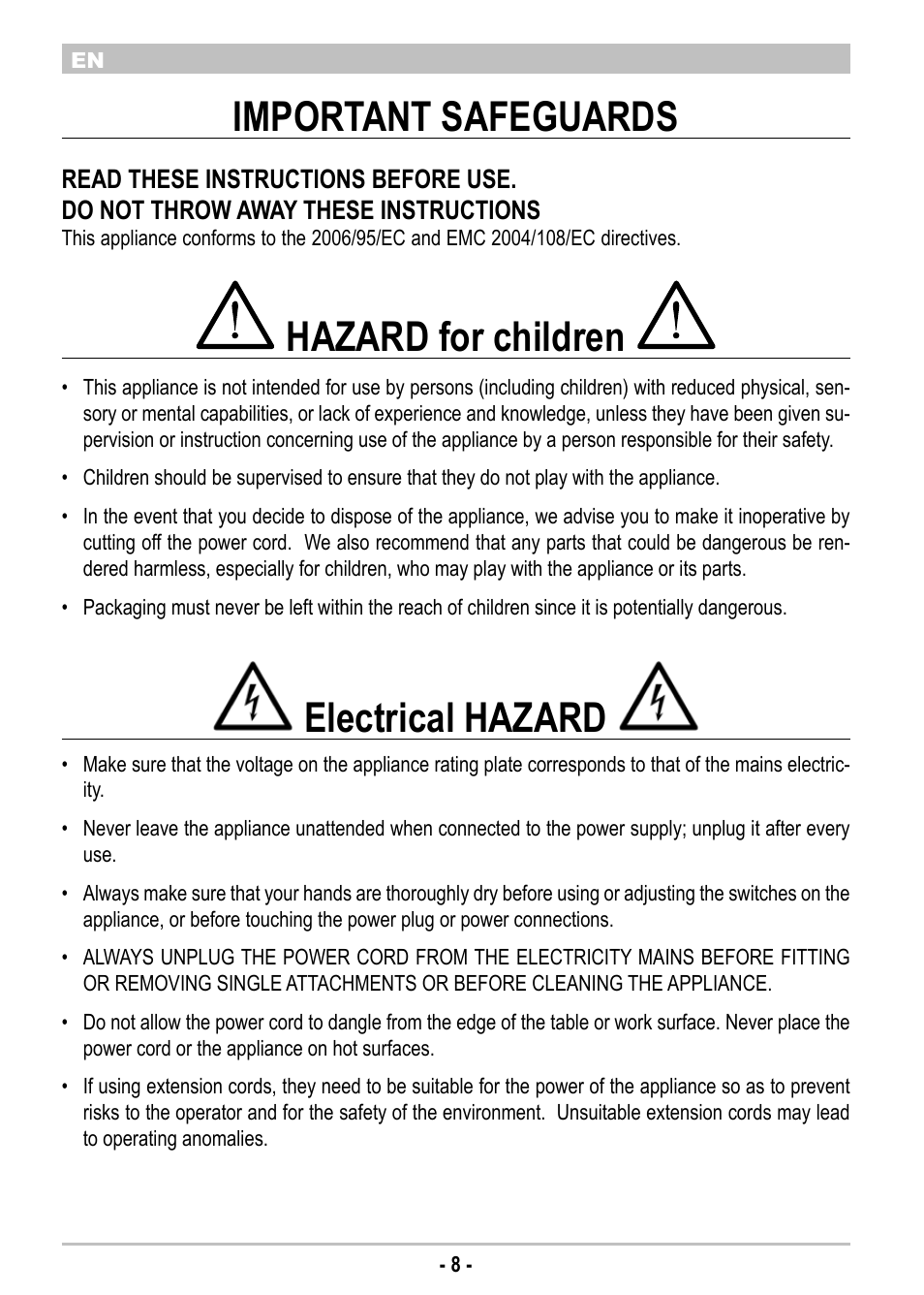 Important safeguards, Hazard for children, Electrical hazard | ARIETE Yogurella Metal 620 User Manual | Page 10 / 62