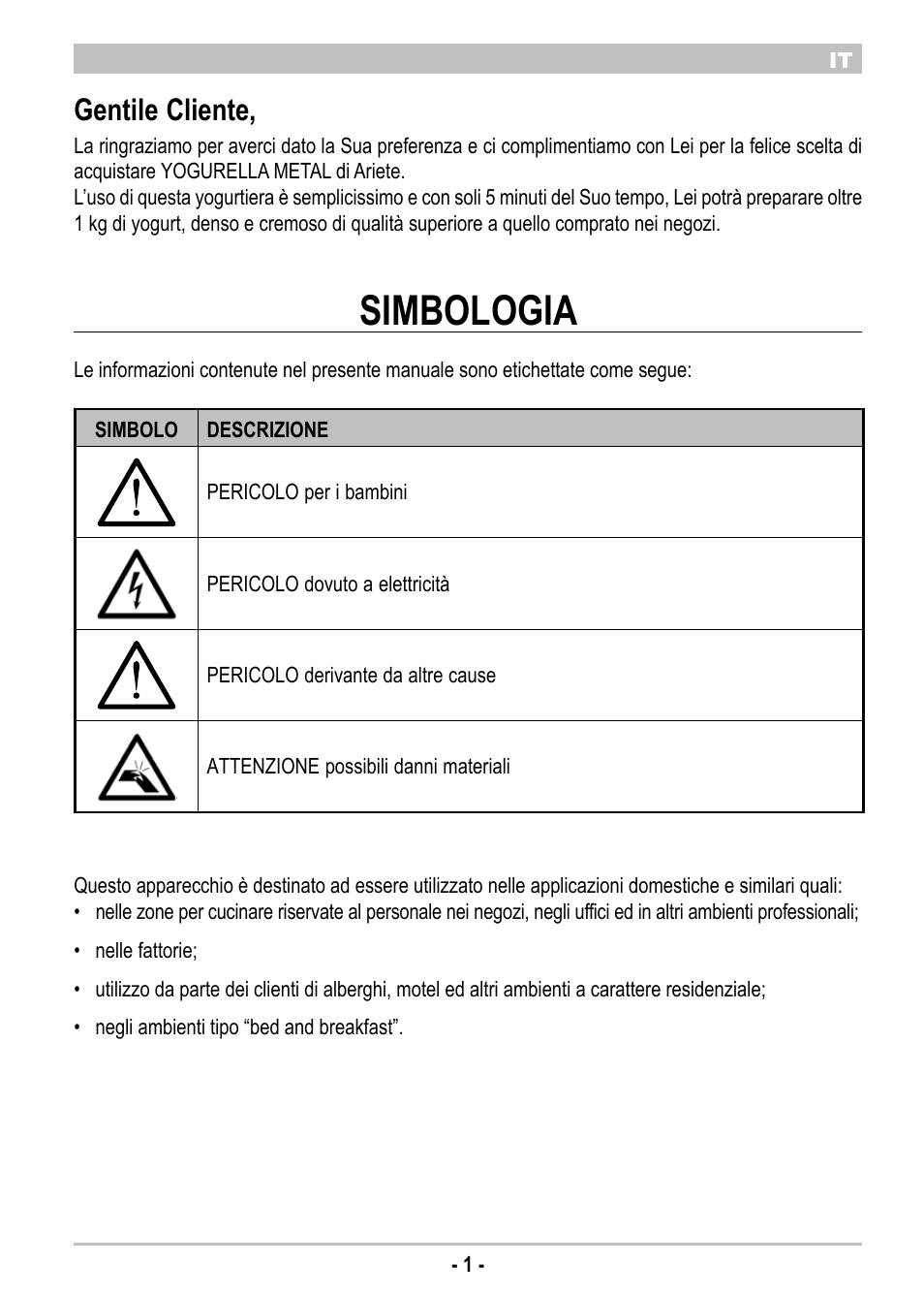 Simbologia, Gentile cliente | ARIETE Yogurella Metal 620 User Manual | Page 3 / 62