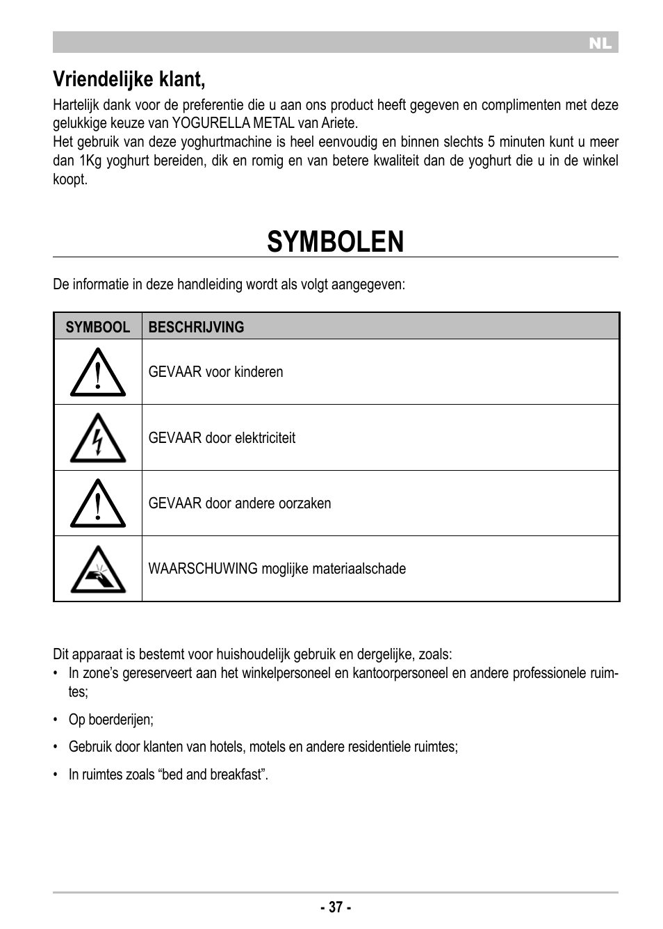 Symbolen, Vriendelijke klant | ARIETE Yogurella Metal 620 User Manual | Page 39 / 62