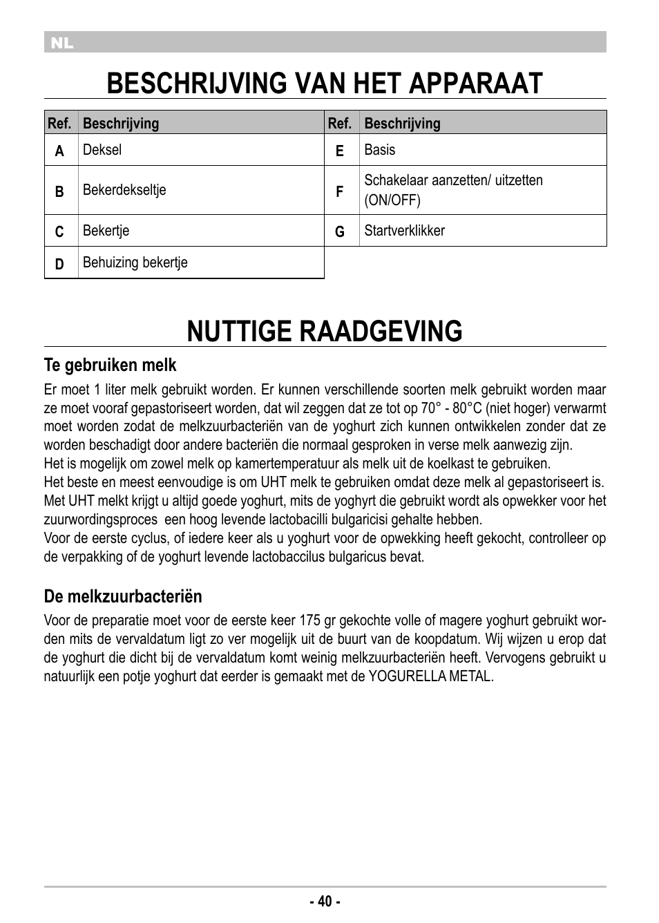 Beschrijving van het apparaat, Nuttige raadgeving | ARIETE Yogurella Metal 620 User Manual | Page 42 / 62