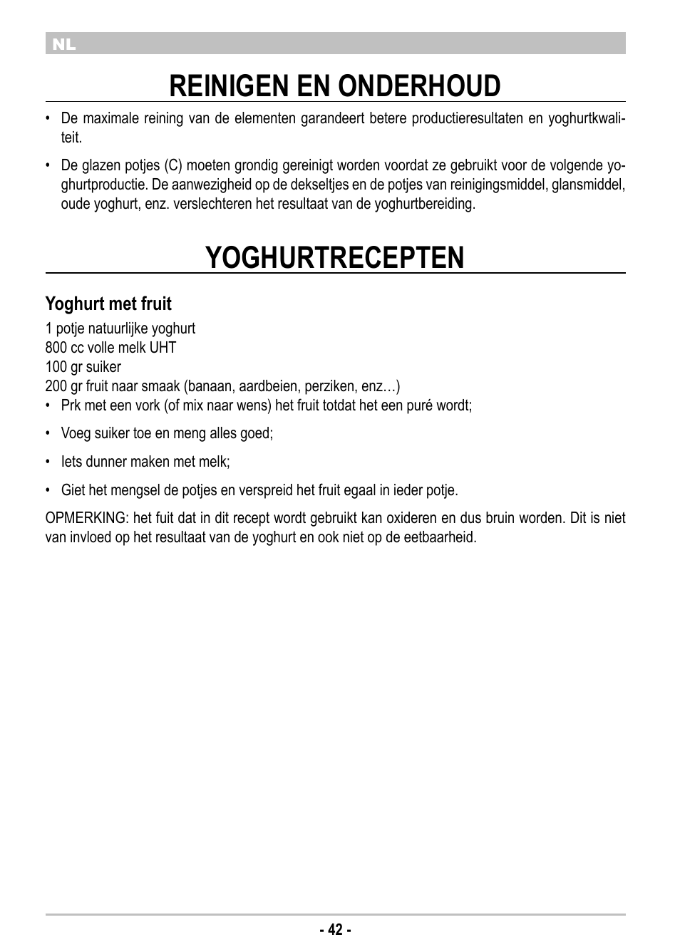 Reinigen en onderhoud, Yoghurtrecepten | ARIETE Yogurella Metal 620 User Manual | Page 44 / 62