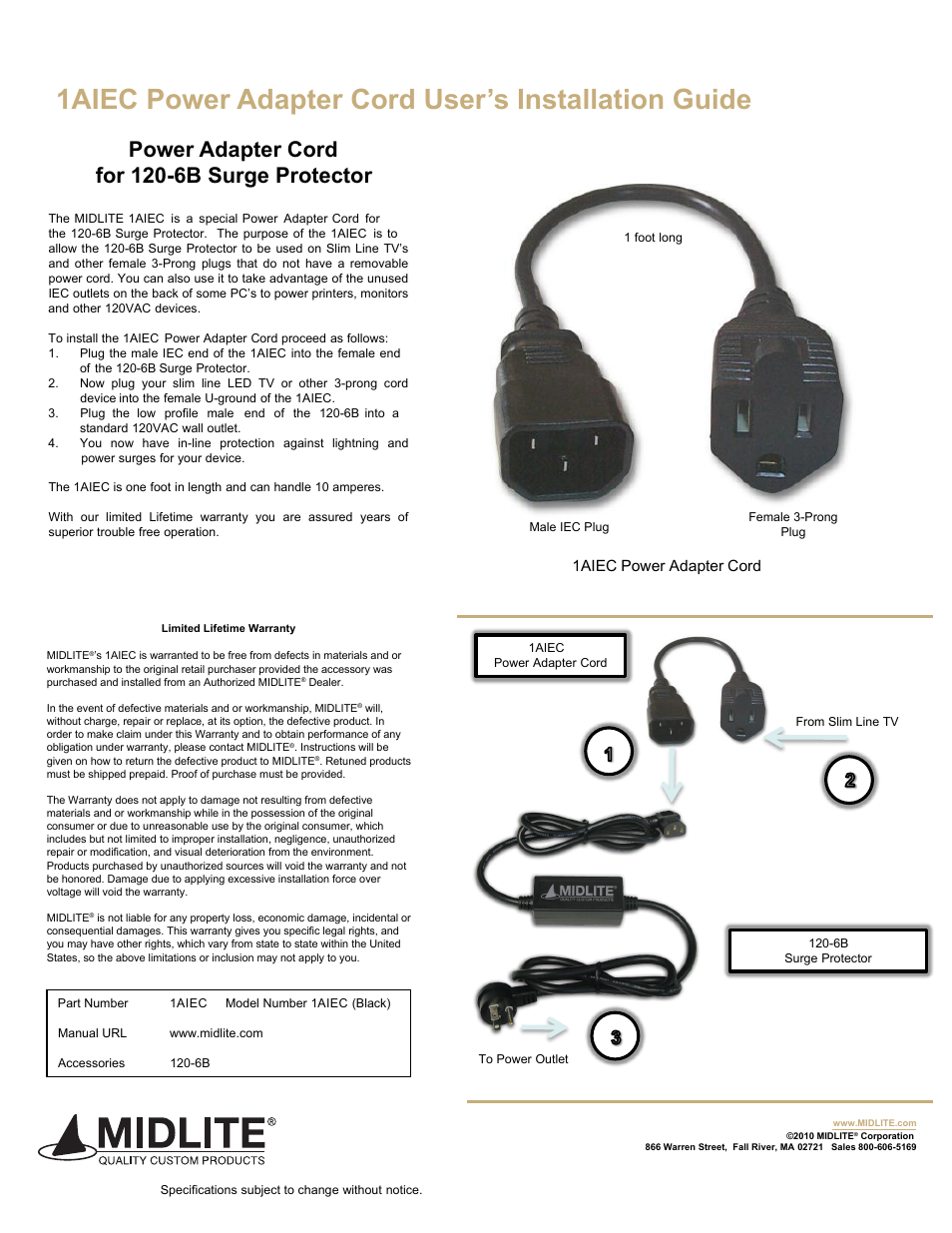 Midlite POWER ADAPTER CORD User Manual | 1 page