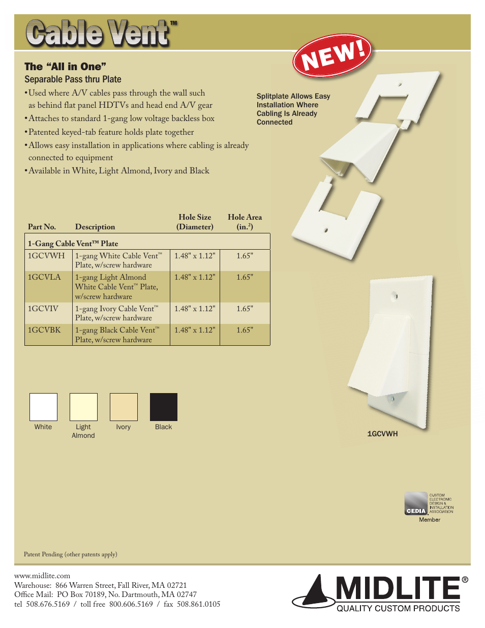 Midlite CABLE VENT User Manual | 1 page