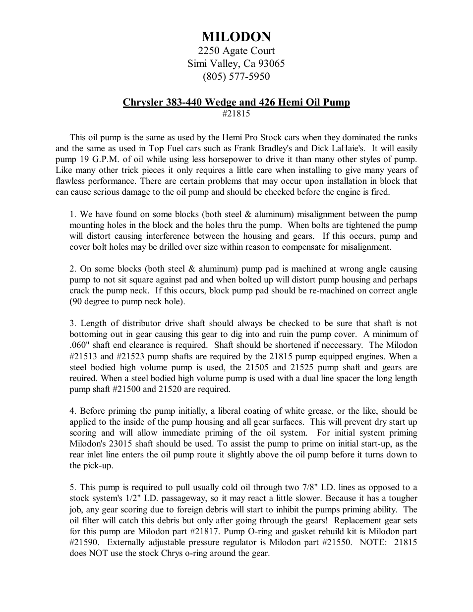 Milodon Chrysler Aluminum Hemi & Wedge Oil Pump 21815 User Manual | 2 pages