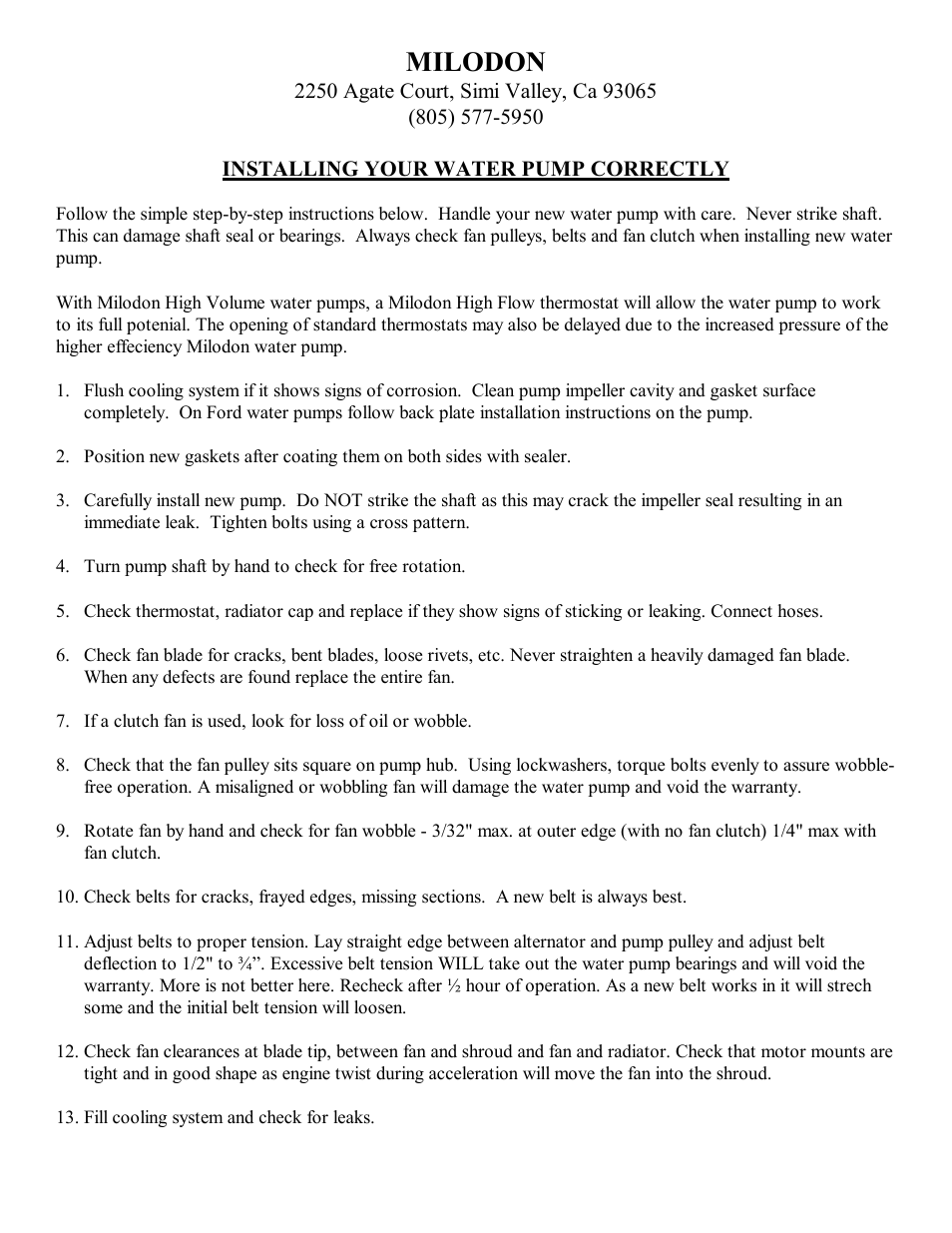 Milodon Water Pumps User Manual | 2 pages