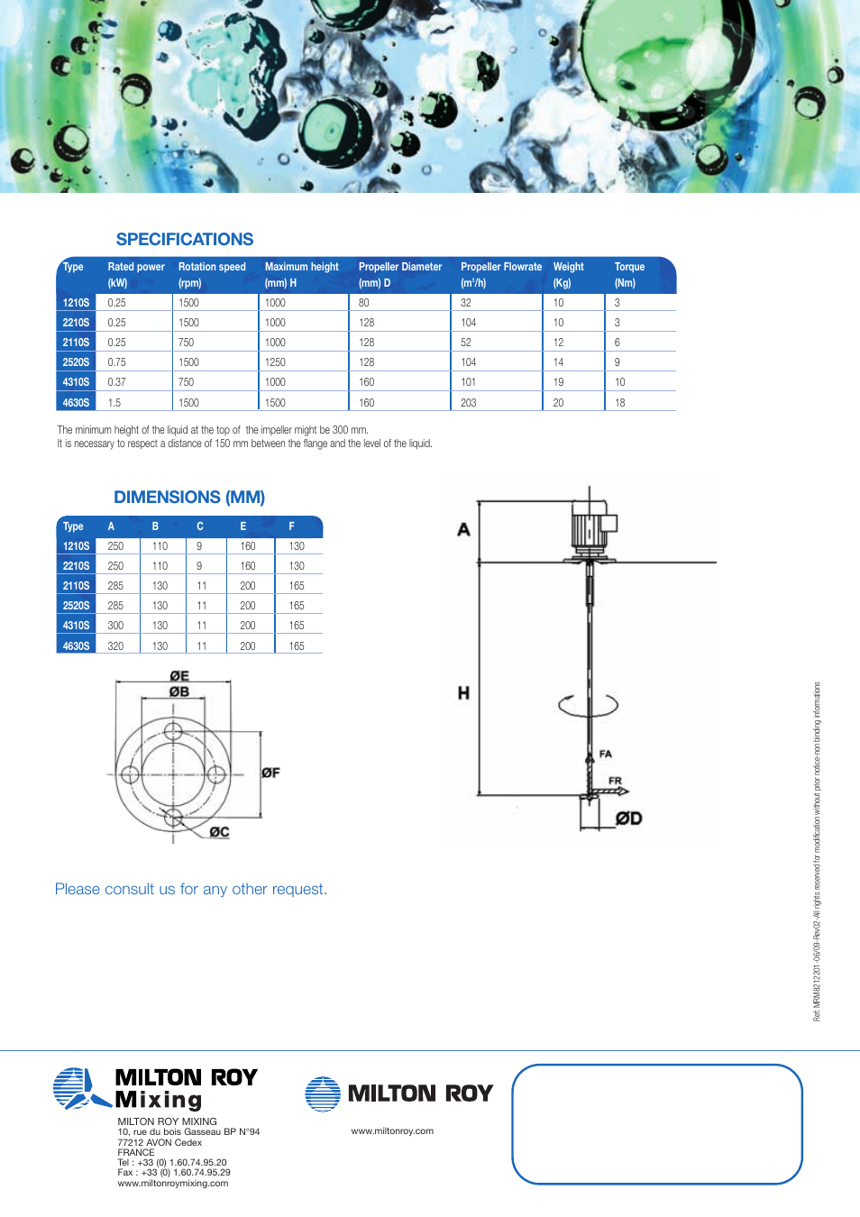 Dimensions (mm) specifications, Please consult us for any other request | Milton Roy Mixing HELISEM RANGE VDA SERIES User Manual | Page 2 / 2