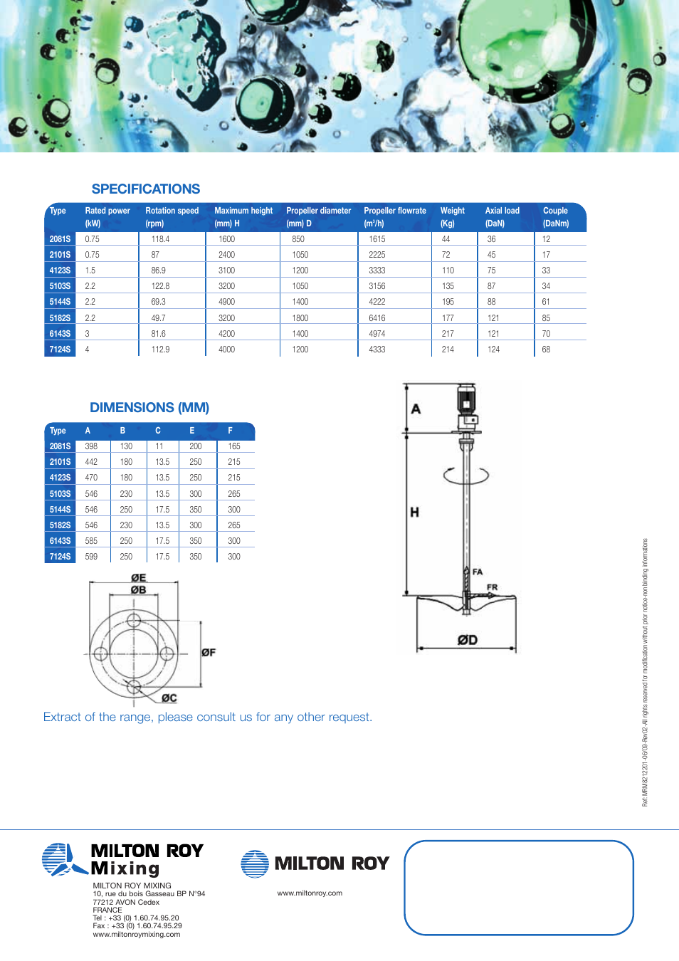 Dimensions (mm) specifications | Milton Roy Mixing HELISEM RANGE VRT SERIES User Manual | Page 2 / 2