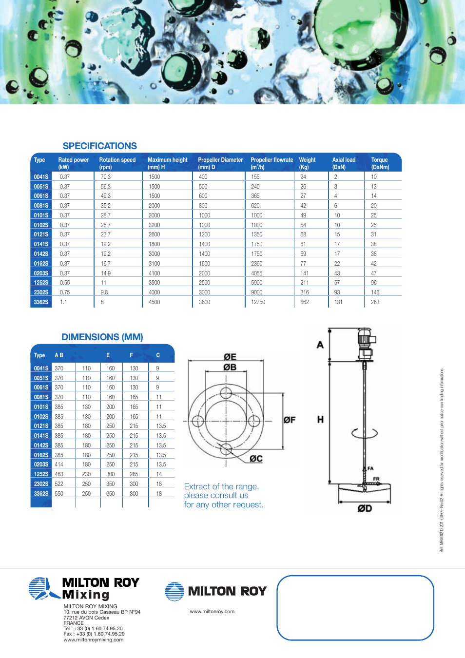 Dimensions (mm) specifications | Milton Roy Mixing HELISEM RANGE FRF SERIES User Manual | Page 2 / 2