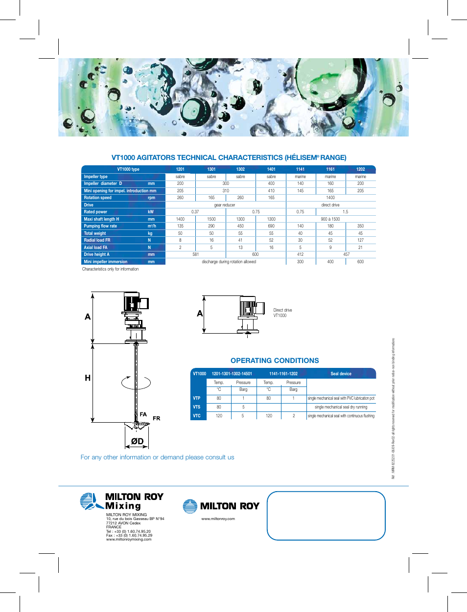 Range), Operating conditions | Milton Roy Mixing HELISEM RANGE VT1000 SERIES User Manual | Page 2 / 2