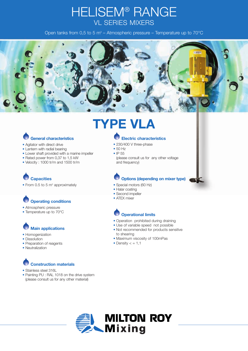 Milton Roy Mixing HELISEM RANGE VLA SERIES User Manual | 2 pages